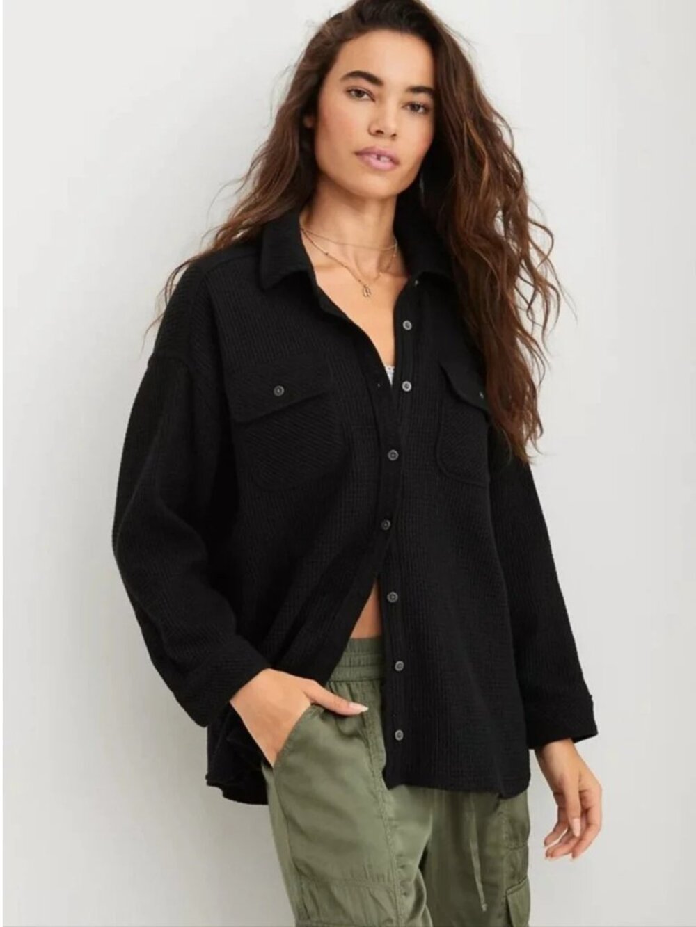 Aerie XL Lumberjane Black Waffle Knit Button Down Shirt Jacket Shacket Oversized
